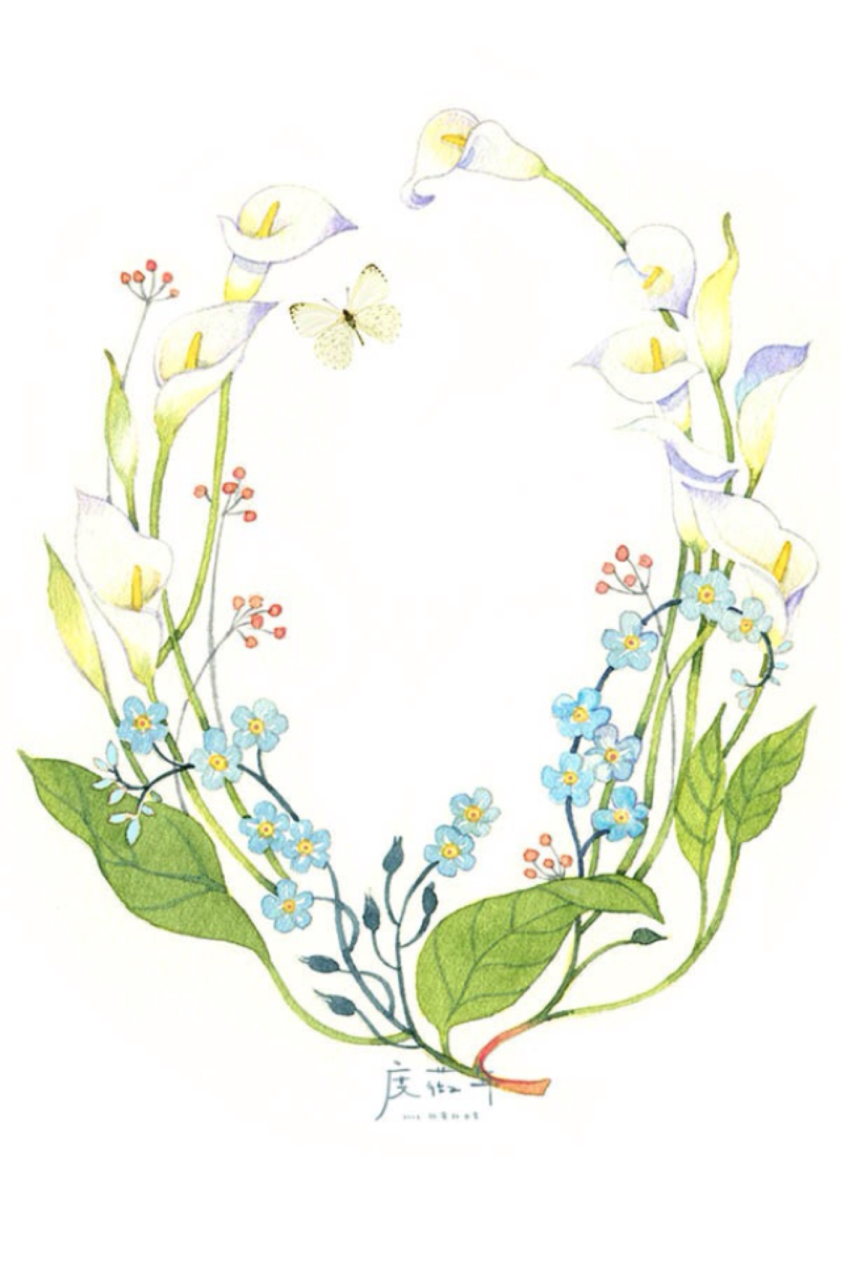 度薇年水彩手绘花环小清新插画图片图片