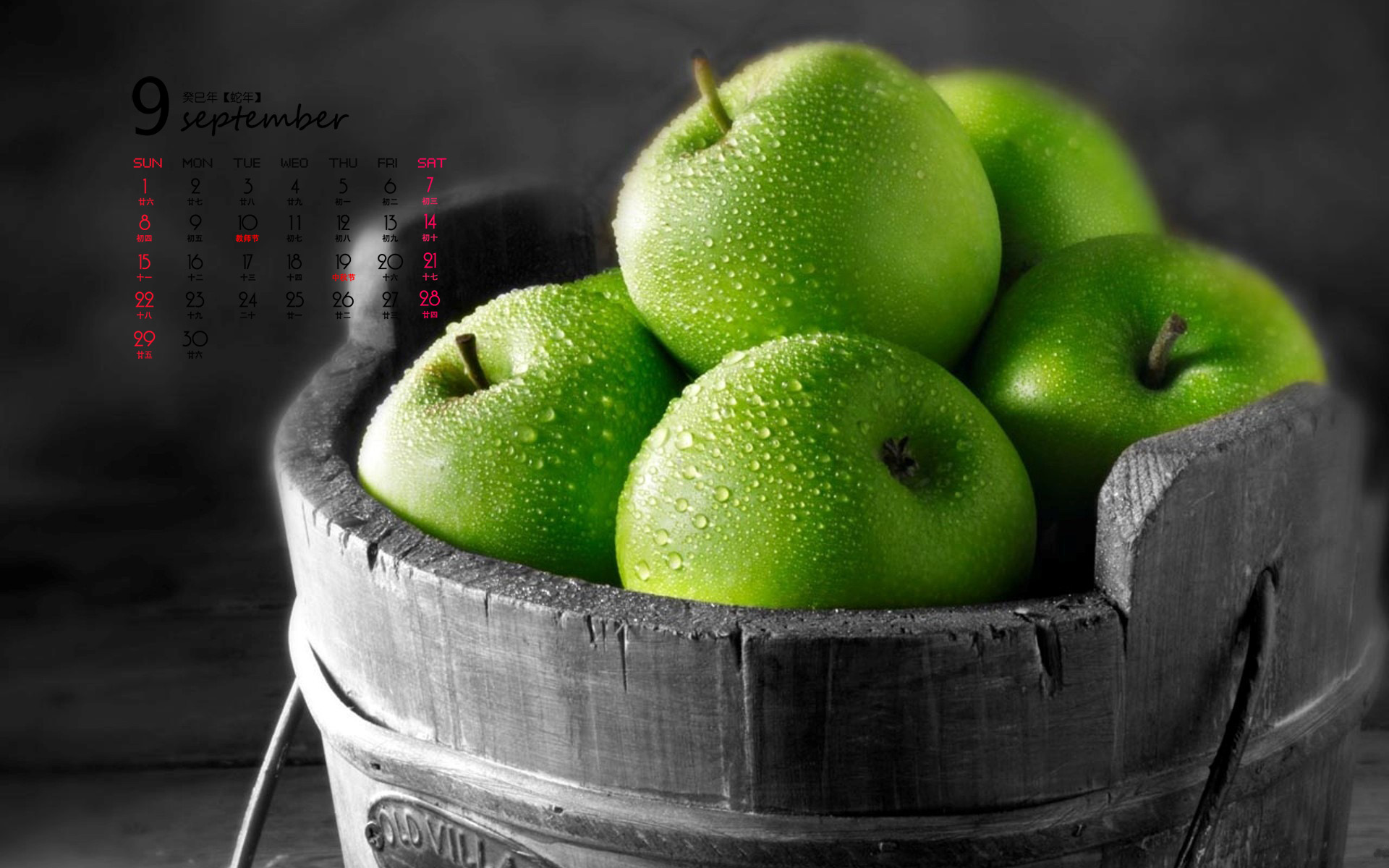 13年绿色苹果9月日历桌面壁纸图片