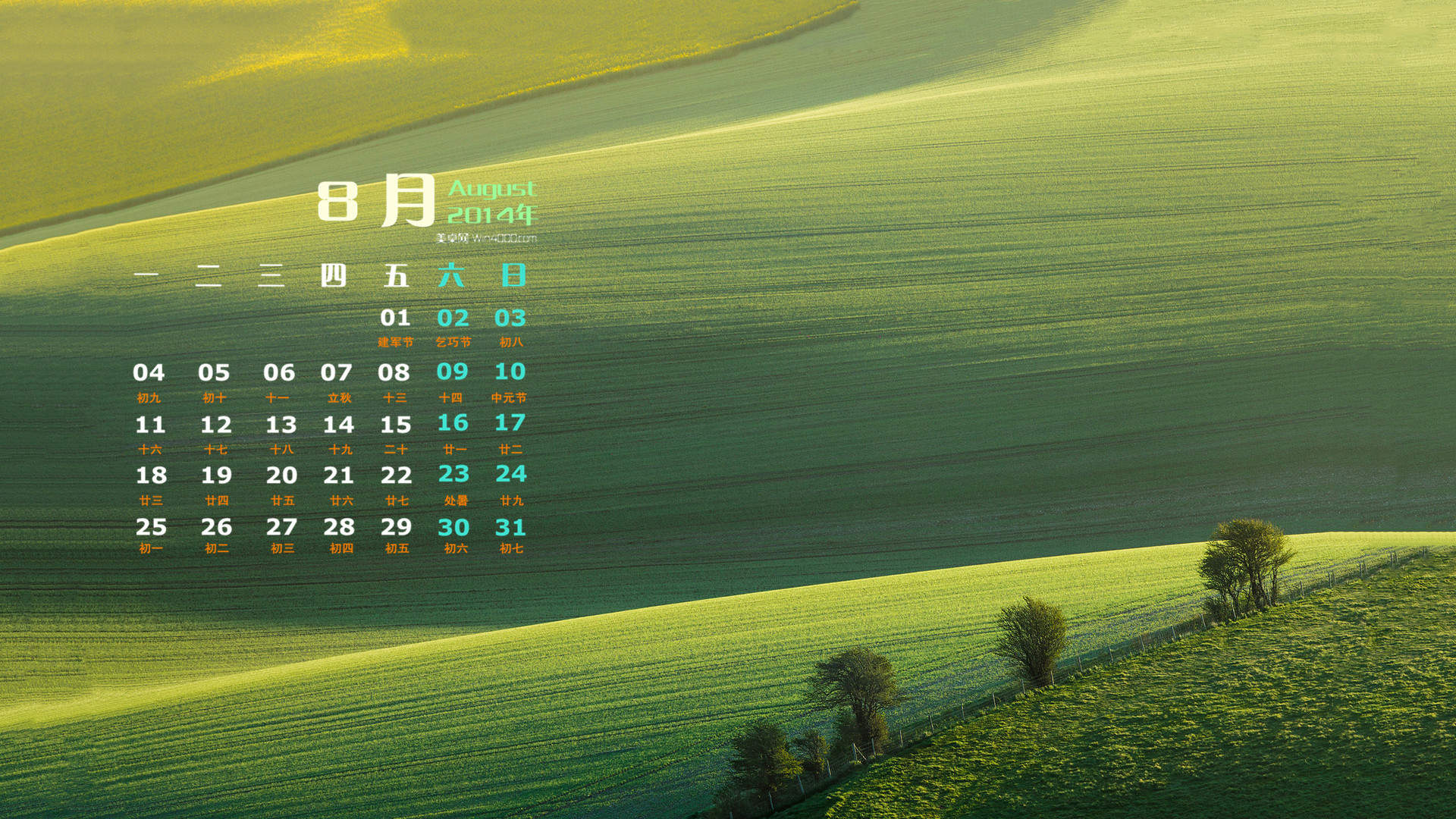 2014年8月日历大草原清新护眼图片win7高清电脑壁纸(二)图片