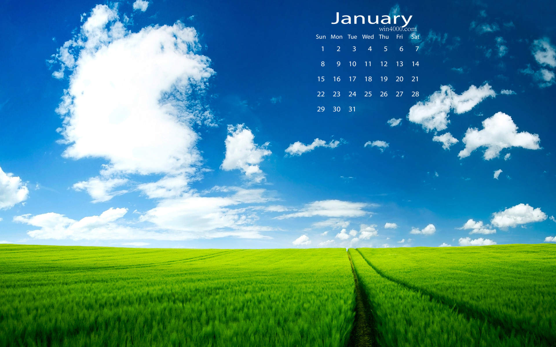 2017年1月清新蓝天白云草地高清自然风光日历壁纸图片