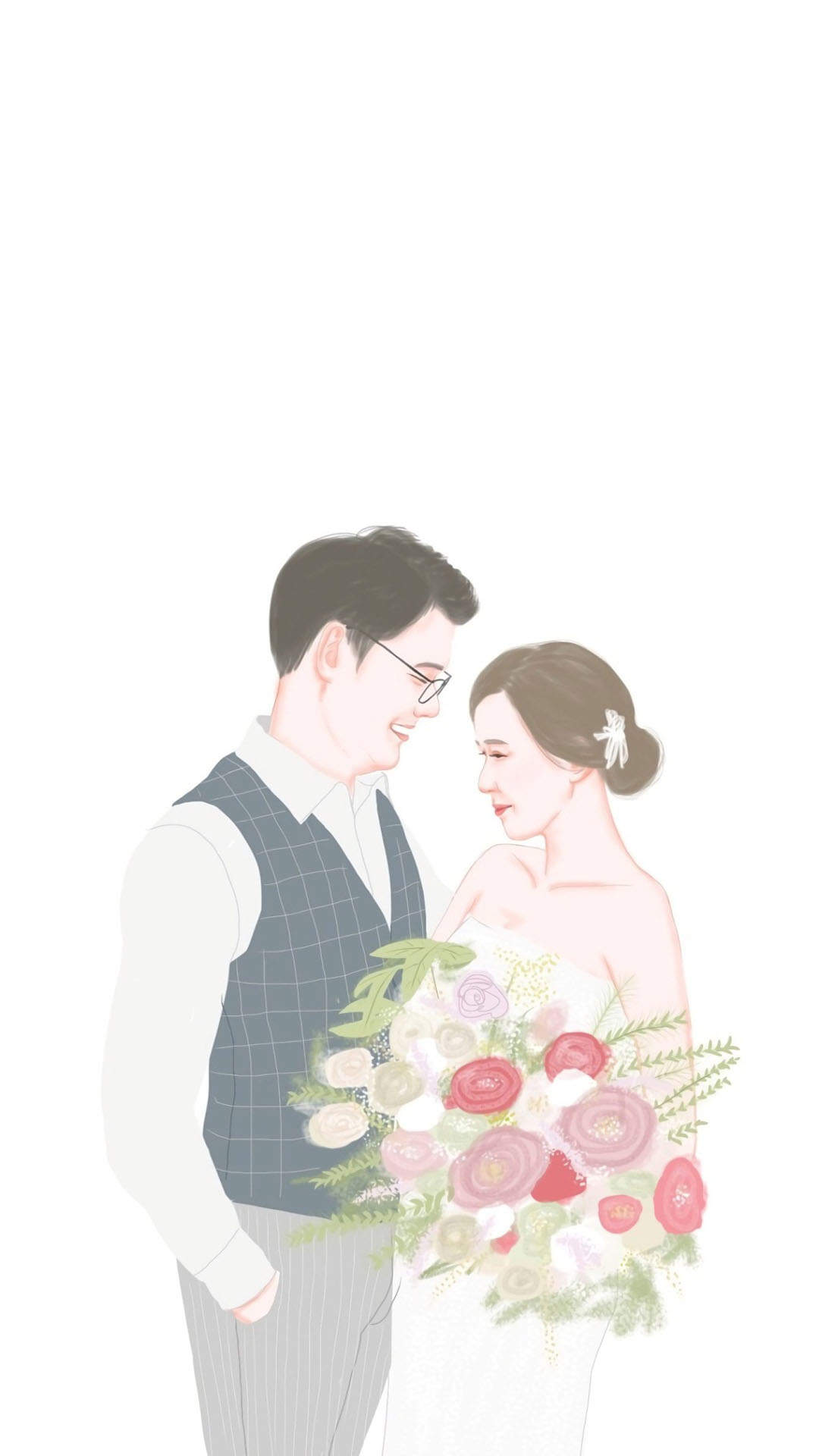 甜蜜情侣手绘插画高清手机壁纸图片