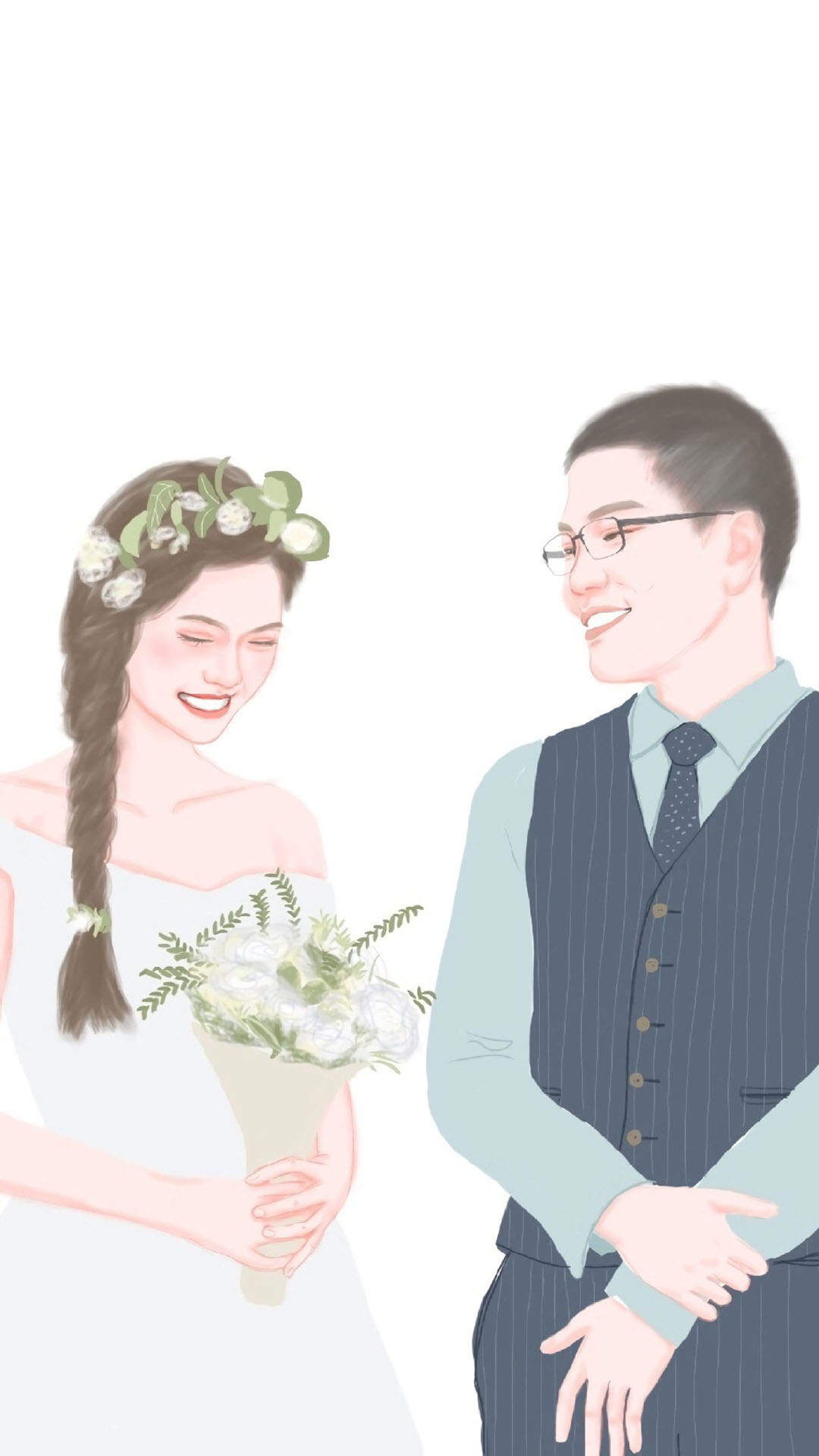 甜蜜情侣手绘插画高清手机壁纸图片