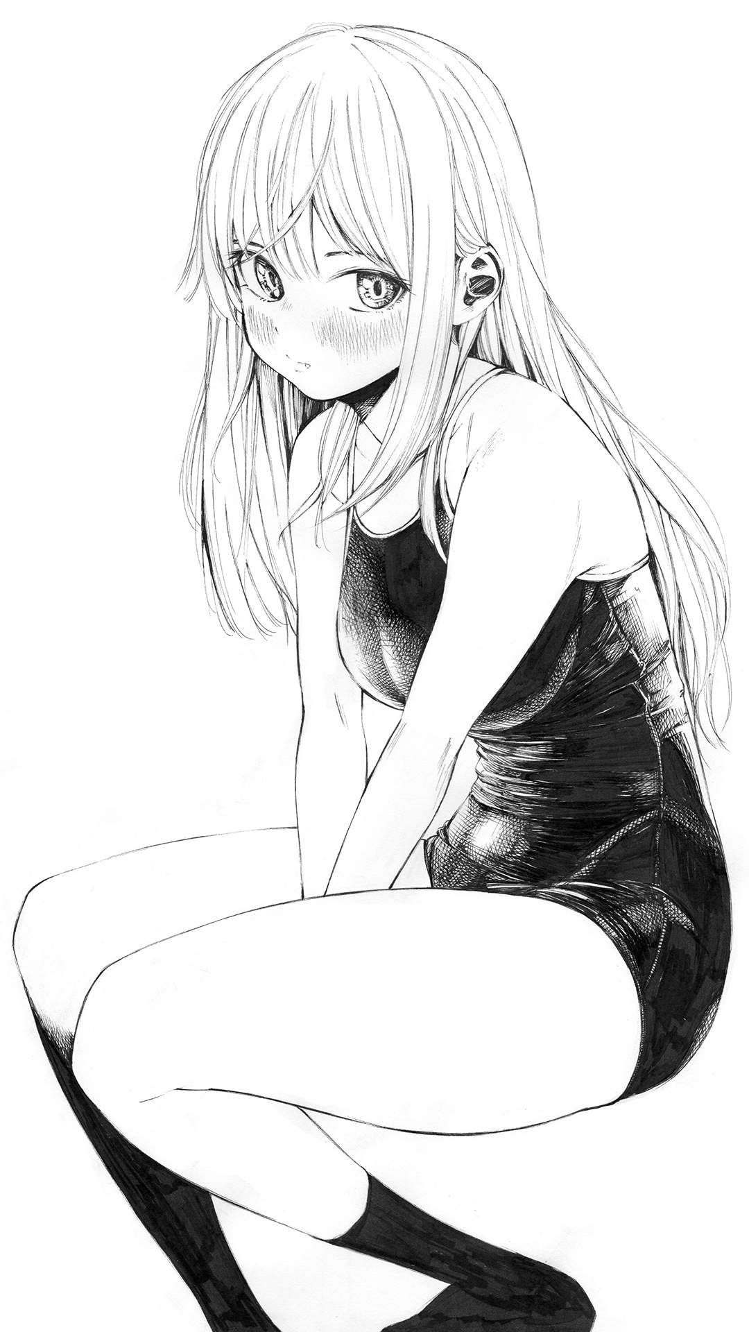 动漫少女黑白插画手机壁纸图片