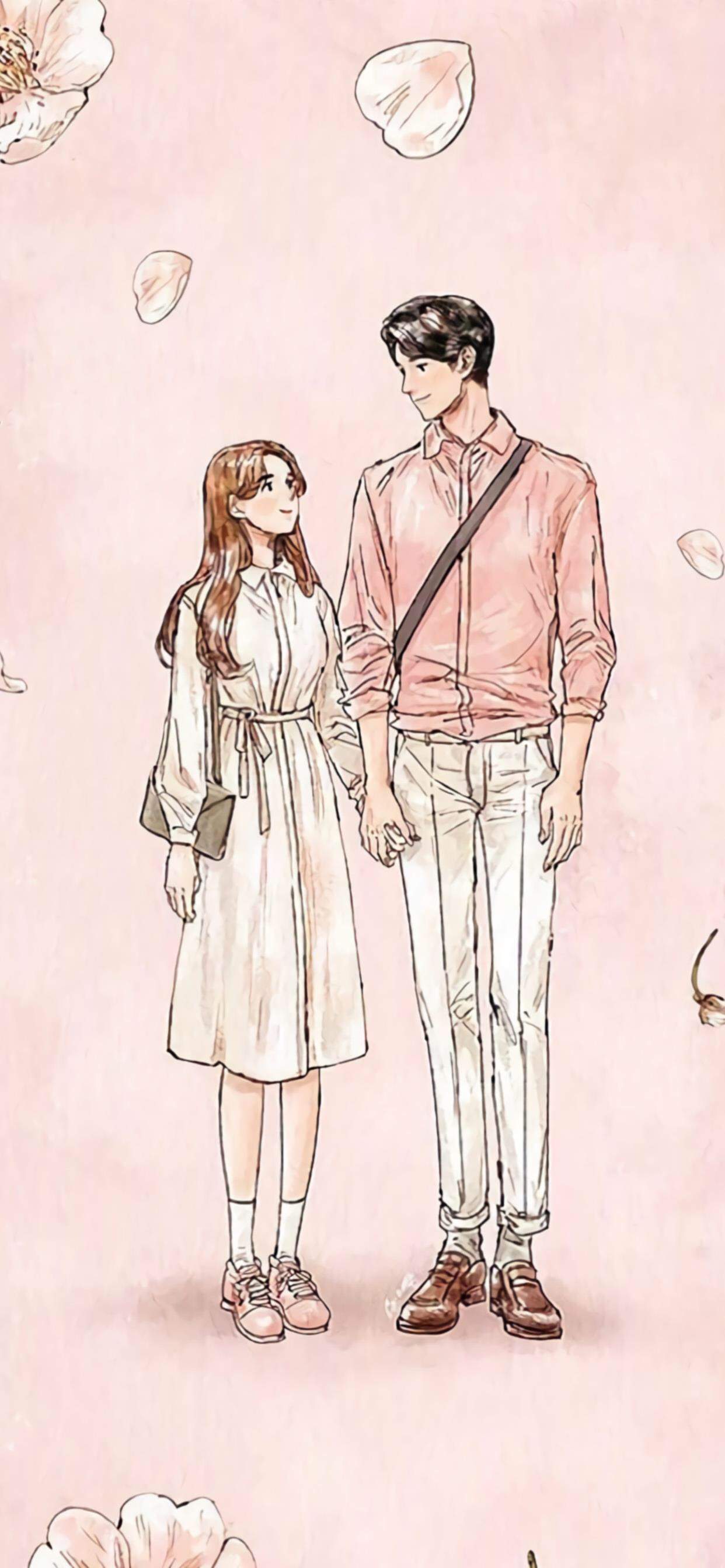 甜蜜情侣手绘插画高清手机壁纸图片