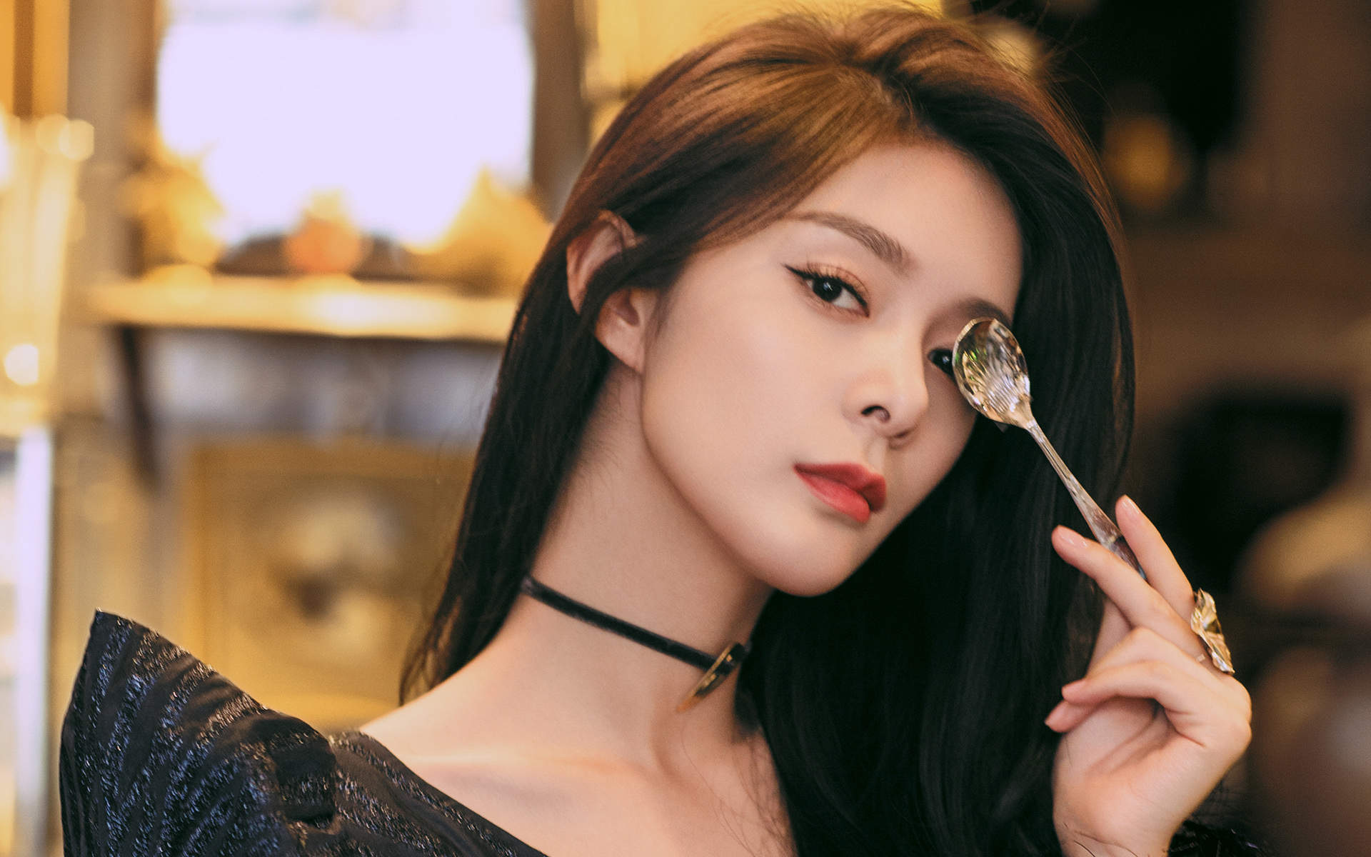 高清湖南性感女星傅菁黑衣红唇酷美性感写真图片图片