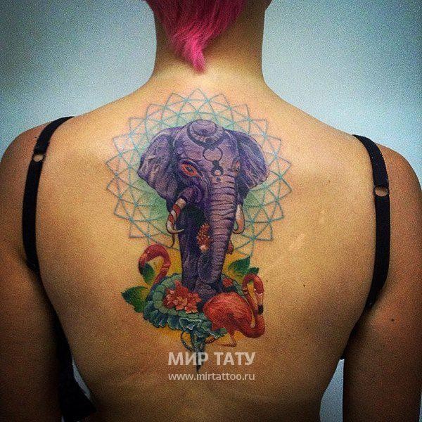背部幻想彩色大象与火烈鸟和花朵纹身图案图片