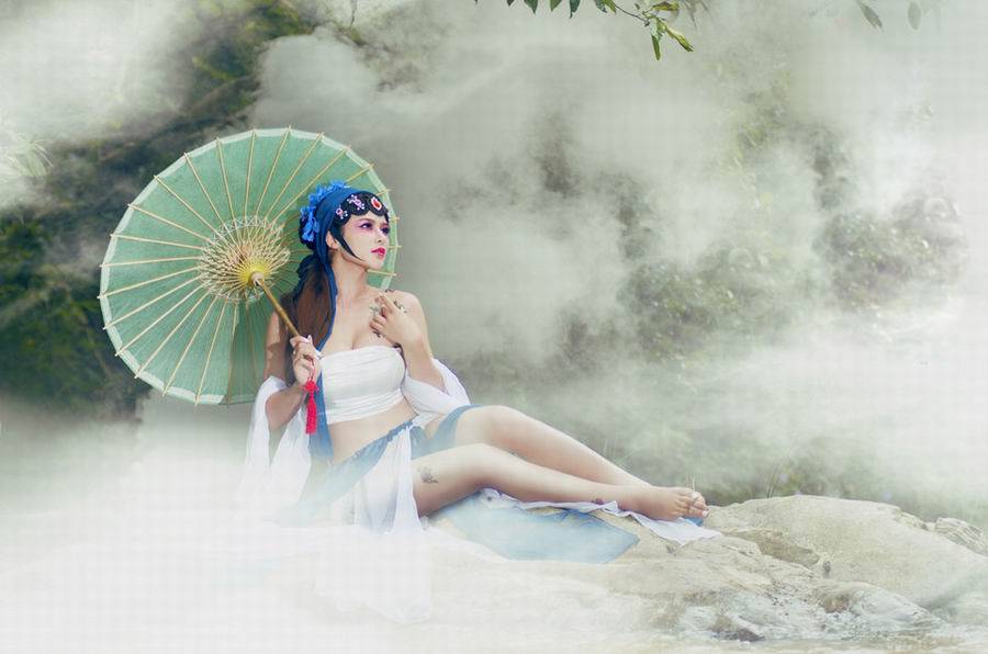 传统惊艳古典美女蓝色妖姬美女彩绘性感高清写真图片
