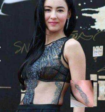 张柏芝的纹身  明星侧腰上黑色的羽毛纹身图片图片