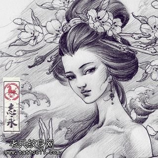 最流行新款手稿素描古代美女纹身图案图片