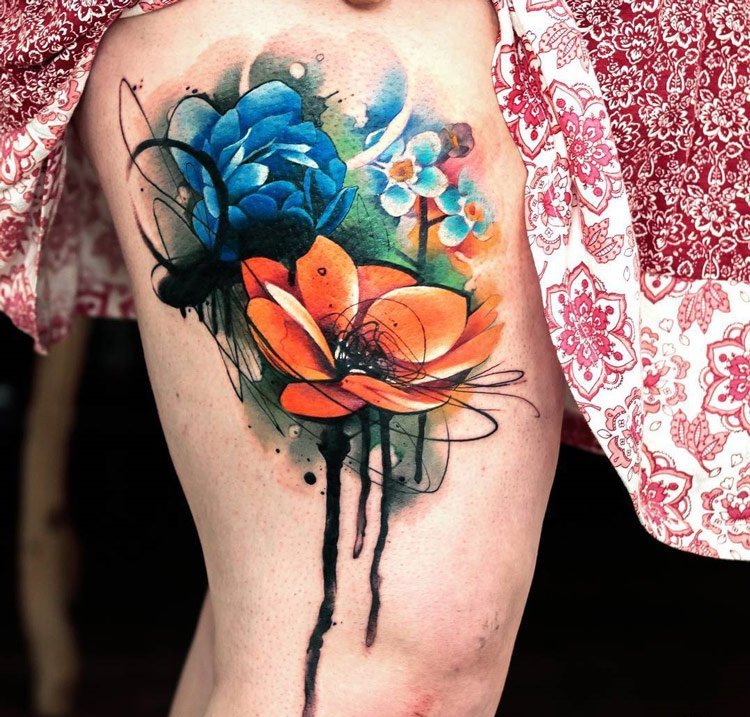 创意水彩画头像腰部纹身图案图片_腰部纹身图案大全_纹身图吧图片