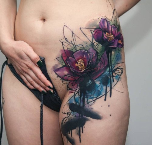 创意水彩画头像腰部纹身图案图片_腰部纹身图案大全_纹身图吧图片