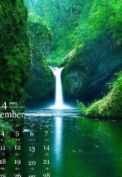 2014年12月日历唯美山水间瀑布飞溅高清电脑桌面壁纸