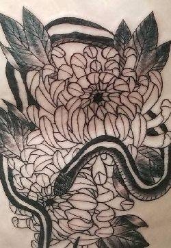 黑灰菊花纹身 女生背部黑灰菊花纹身图片