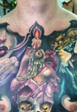 胸部好看的咆哮狮子和神秘女人骷髅纹身图案