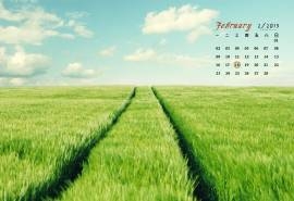 2015年2月日历壁纸天空下的绿色麦田风吹麦浪唯美意境风景图片下载