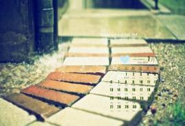 2015年7月日历壁纸雨水拍打石板街的唯美意境图片