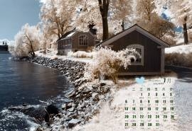 2015年7月日历精选湖边唯美木屋雪景桌面壁纸下载