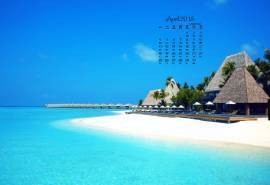 2016年4月日历蓝色大海沙滩别墅高清风景壁纸