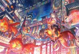 藤原金鱼唯美意境奇幻插画动漫电脑桌面壁纸