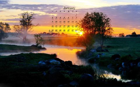 2017年1月唯美清新高清山水桌面日历壁纸第1张