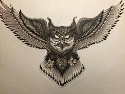 几张猫头鹰花胸纹身图案和手稿欣赏第2张