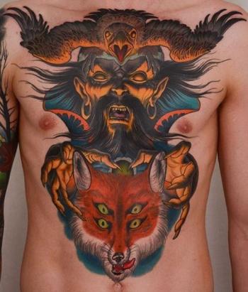 胸部和腹部彩色邪恶恶魔与狐狸乌鸦纹身图案第0张