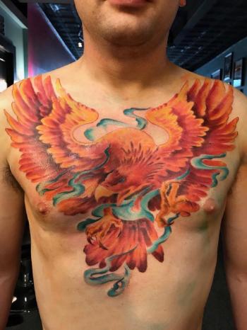 纹身火凤凰 男生胸部彩色的凤凰纹身图片第0张
