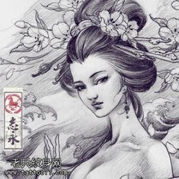 最流行新款手稿素描古代美女纹身图案第0张