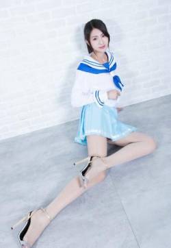 高清美腿蓝色清新学生制服超短裙肉丝美腿高跟写真