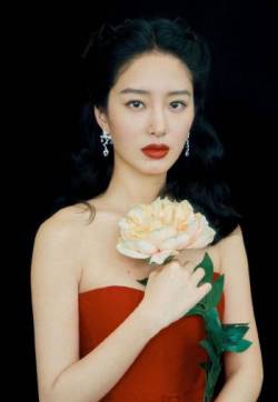 中国内地女演员、歌手、主持人杨采钰红色长裙优雅写真图片