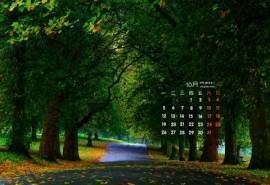 2015年10月日历美丽公园的树木人行道风景电脑壁纸下载